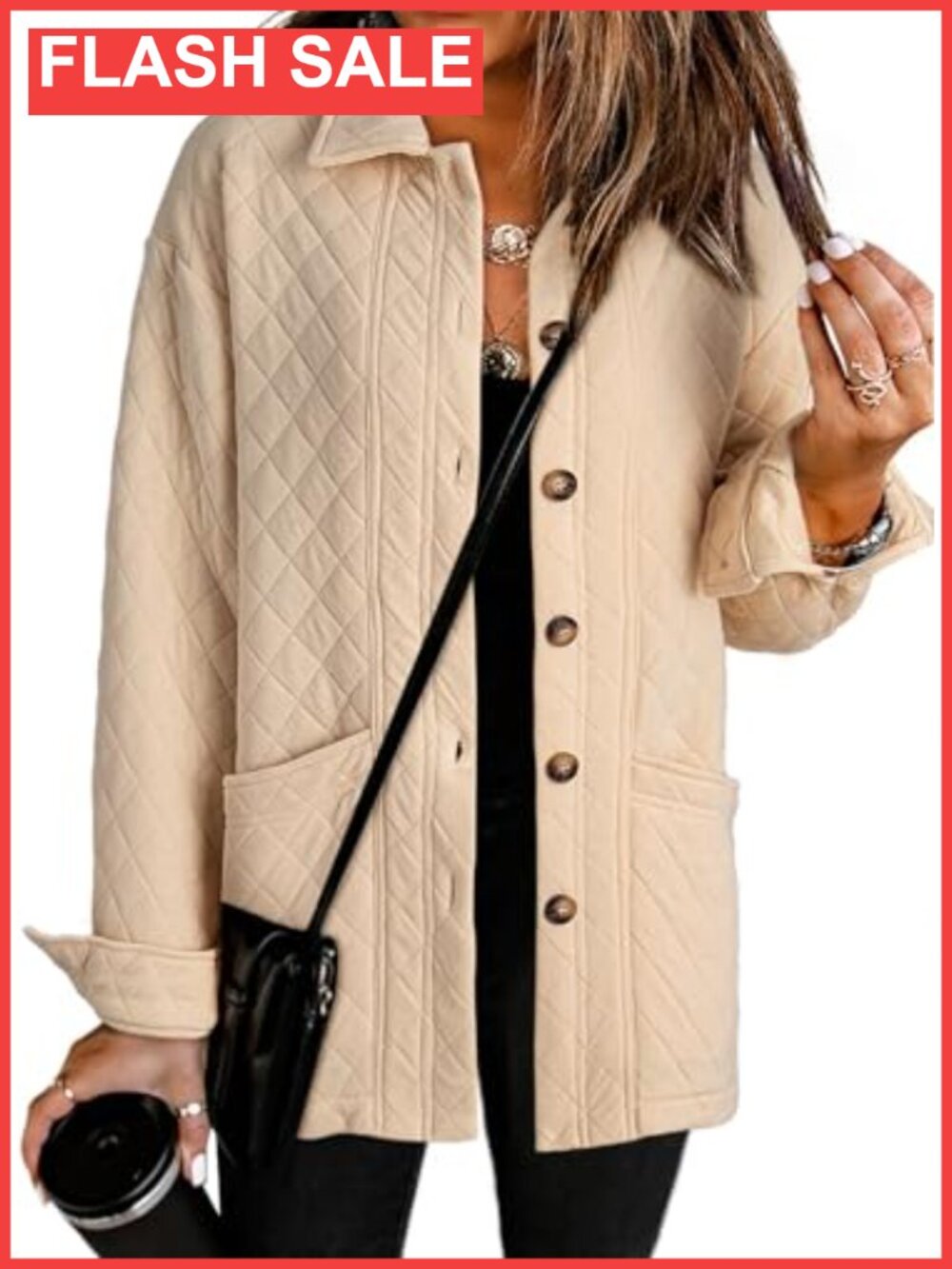 Quilted Button Down Collared Long Sleeve Casual Jacket with Pockets